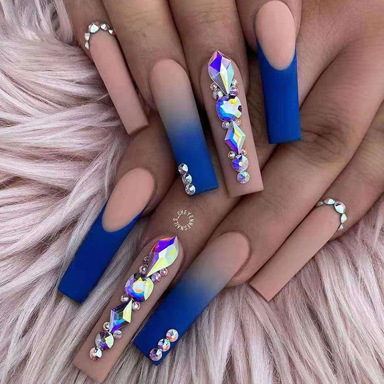 Extreme Long Coffin Press on Nails with Rhinestone Pink Glitter Stick on Fakenail Nails Decorated Artificial Finger Nails